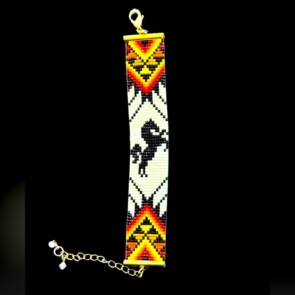 Handwoven loom cuff panel bracelet adjustable seed bead Native American motif